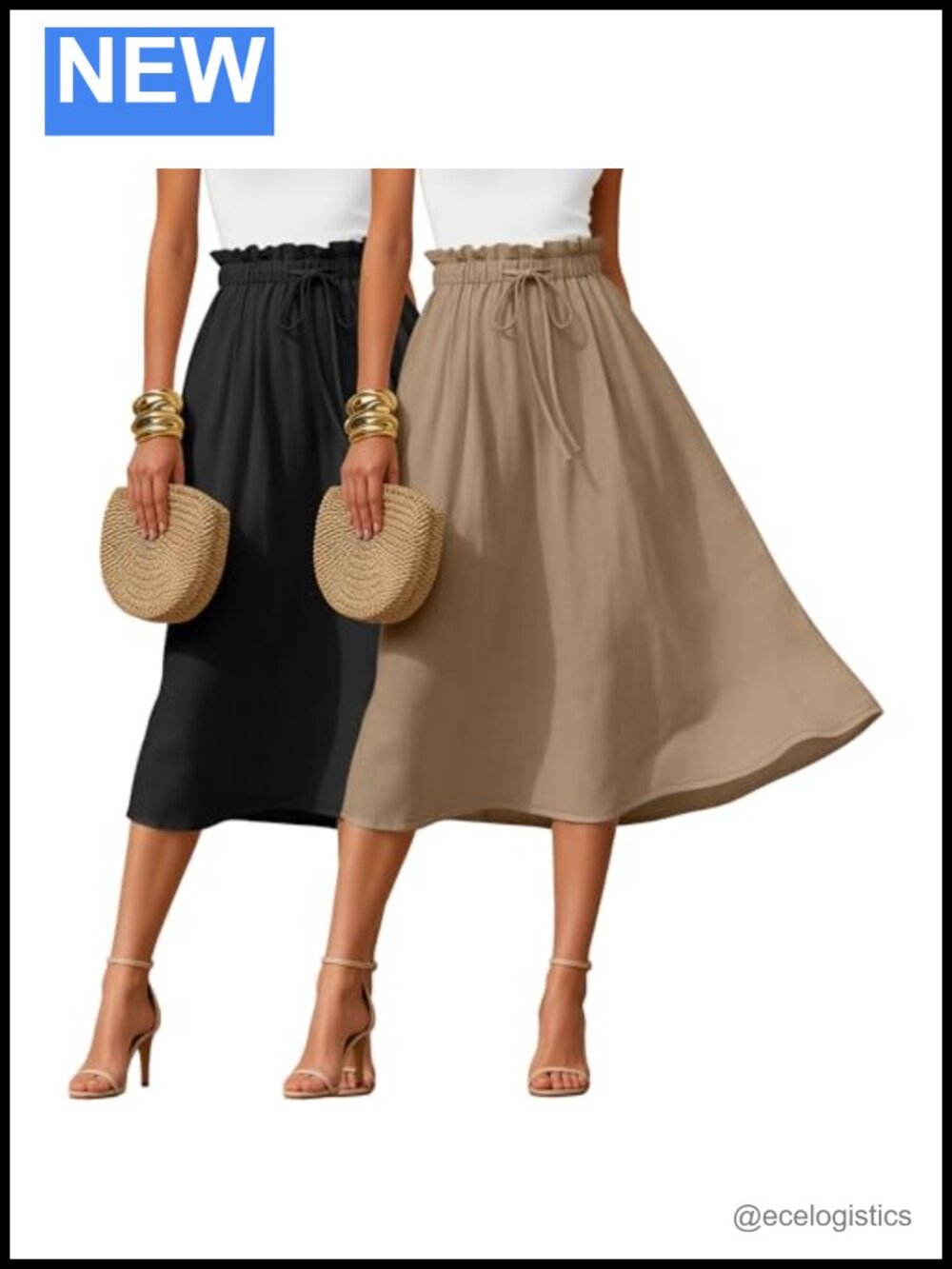 2 Pack Women's Linen Midi Skirts Paper Bag High Waist A-Line Pleated